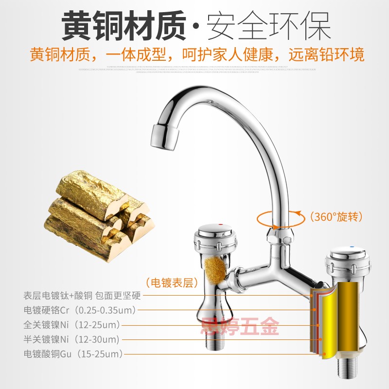 埃美柯XG9铜双孔餐饮厨房水槽菜盆刷碗洗菜双把手冷热水餐厅龙头