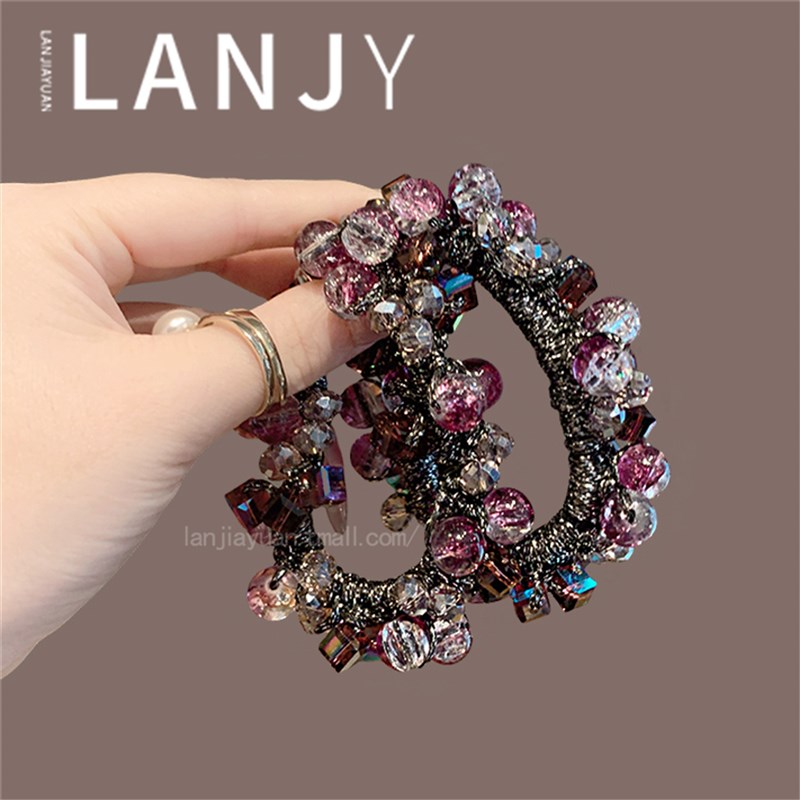 高端紫色头花水晶串m珠发圈时尚两用手链扎发高马尾橡皮筋头绳发