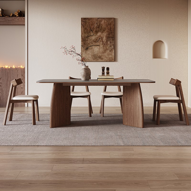 意式轻奢实木岩板餐桌现代简约家用小户型高M档长方形胡桃色吃饭