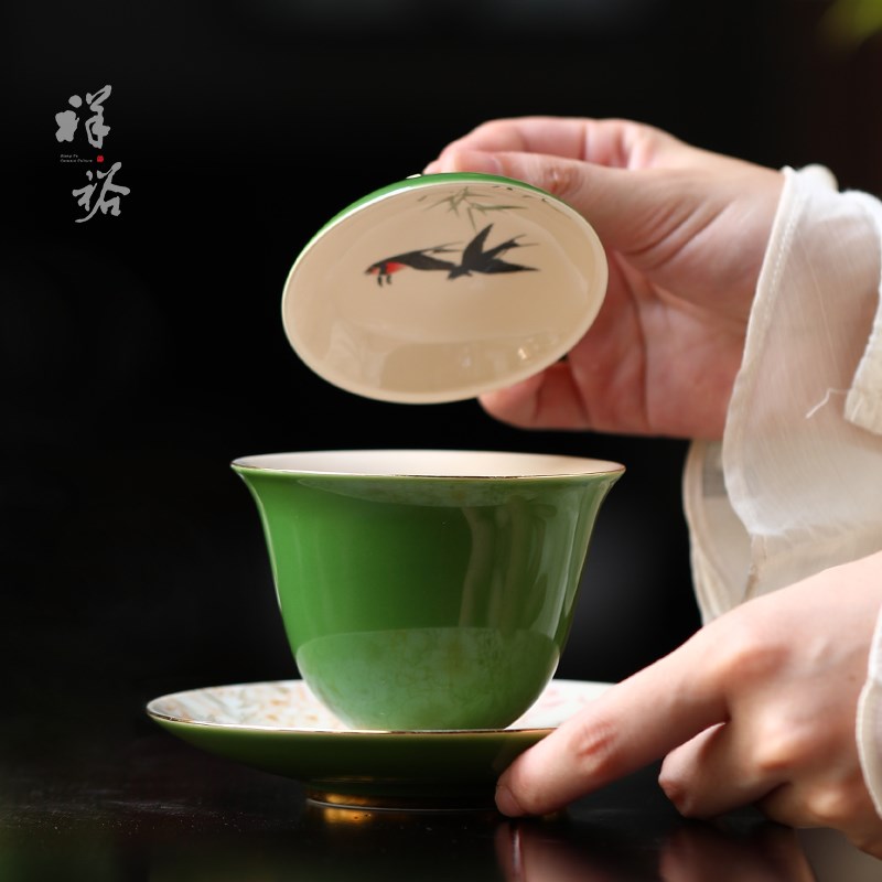 祥裕绿色三才h盖碗茶具高档功夫茶具陶瓷泡茶办公室个人专用送礼