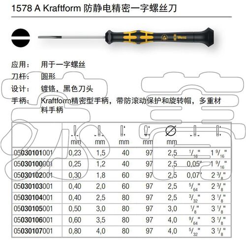 德国Wera维拉1578 A Kraftform ESD 防静电一字精密电子螺丝刀