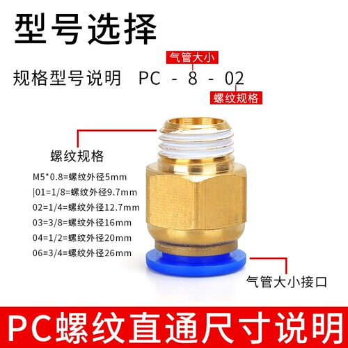 气动快插气管接头PC10-03螺纹直通4-M5/PC6-01/PC8-02/PC12-04/16