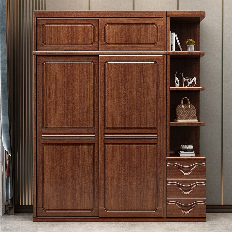 胡桃木衣柜家用卧室简约现代小户型全实木储物柜推拉门实木大衣橱