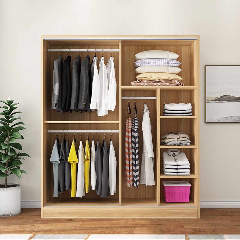 实木板衣柜推拉门式简易儿童收纳柜储物柜出租房家用卧室家具衣橱