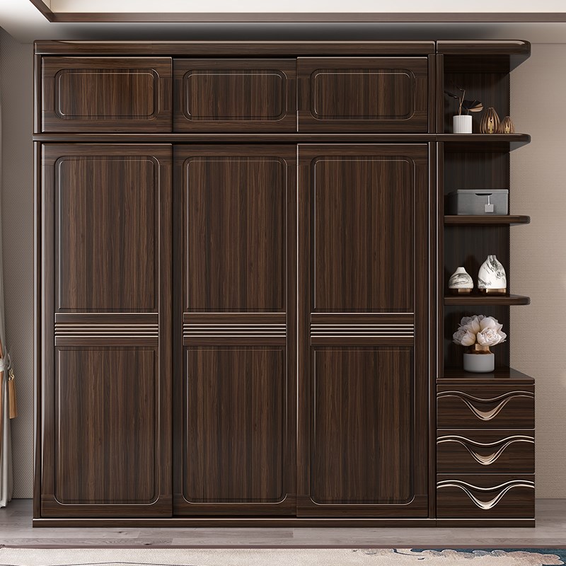 紫金檀木实木衣柜推拉门衣柜新中式家用卧室收纳储物全实木衣橱