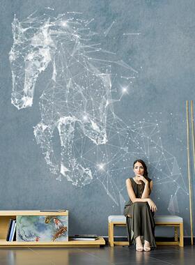 现代轻奢蓝色飞马电视背景墙壁纸客厅沙发壁画3D立体定制卧室壁布