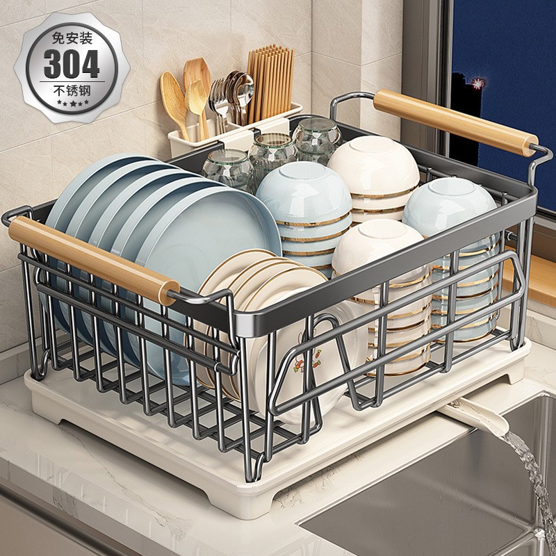 优勤枪灰碗碟收纳架厨房置物架304G不锈钢沥水篮放碗盘沥水架碗架