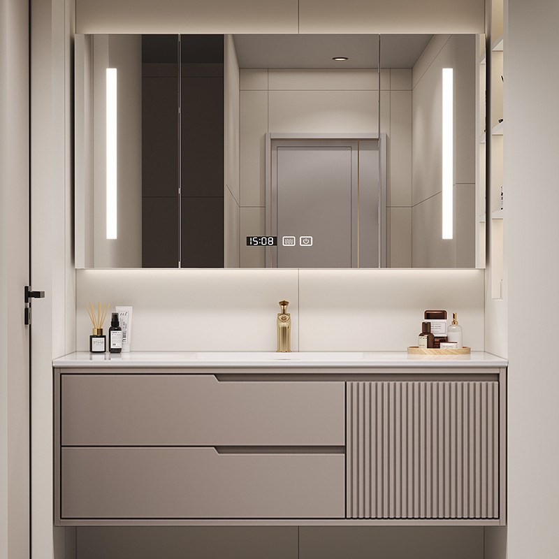 实木浴室柜组合岩板陶瓷无缝盆陶D瓷一体盆卫生间网红洗漱洗脸台