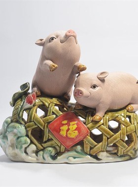 猪笼入水可爱福猪 陶瓷工艺品桌面客厅摆件 石湾公仔 Z家居装饰品