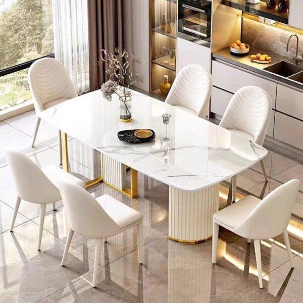 奶油风岩板长方形餐桌椅组合现代简约家用小户型客厅轻奢白色饭桌