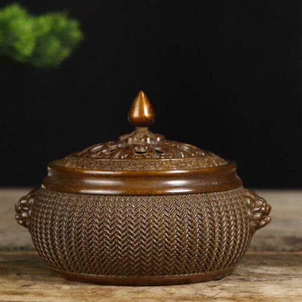 古玩收藏纯铜竹编香薰炉熏香炉盘香炉家居办公室茶台装饰礼品摆件