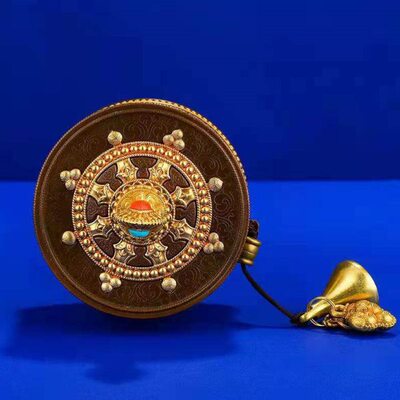 藏式手摇转动西藏转桶筒手持大号浮雕雕刻6万遍静音双色古铜色