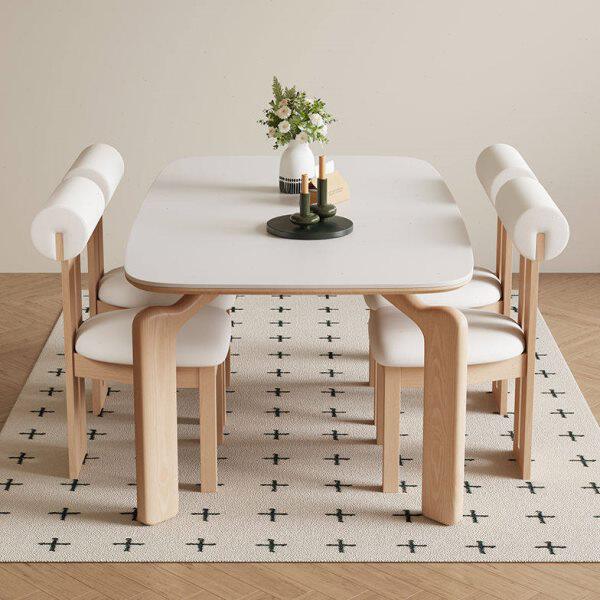 原木奶油风岩板餐桌白蜡木大象腿小户型吃饭桌现代简约长方形桌子