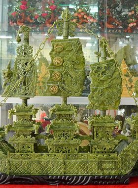 一米青玉精工双头玉雕龙船玉石摆件客厅酒店公司送礼玉器家居饰品