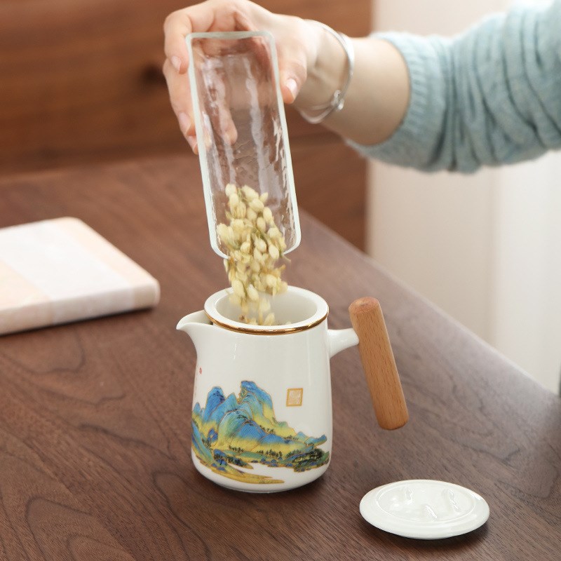 千里江山快客杯陶瓷茶具简约便携包户外轻奢旅行泡茶杯.送礼收纳