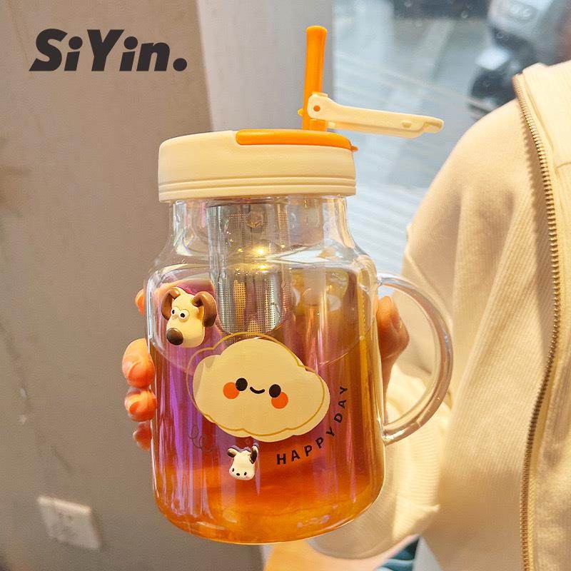 玻璃杯女生高颜值水杯耐高温茶水分离杯家用吸管杯女士带把手杯子,餐饮具,玻璃杯,淘宝优惠券,粉丝福利购,淘宝优惠卷