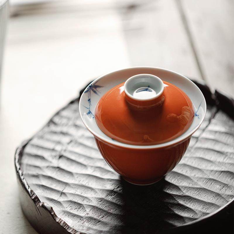 束刻 矾红手绘青花隐竹致远盖碗手工薄胎不烫手功夫茶具泡茶碗,餐饮具,盖碗,淘宝优惠券,粉丝福利购,淘宝优惠卷