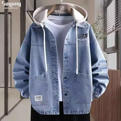 2025春秋季宽松连帽牛仔外套男款早秋美式假两件宽松初中学生夹克