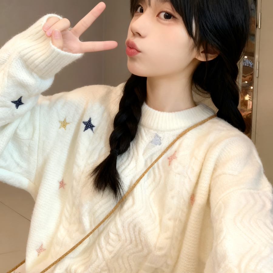 日系复古麻花毛衣女秋冬可外穿宽松慵懒风初中学生加厚针织打底衫