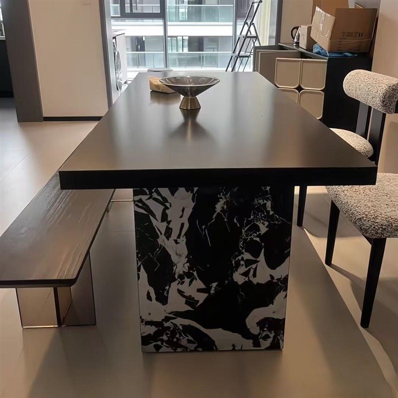 意式纯黑岩板宝格丽餐桌r椅组合大小户型现代简约长方形茶书饭桌
