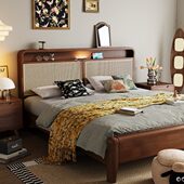 民宿藤编床储物床全实木床中古风复古主卧侘寂风床双人床现代简约