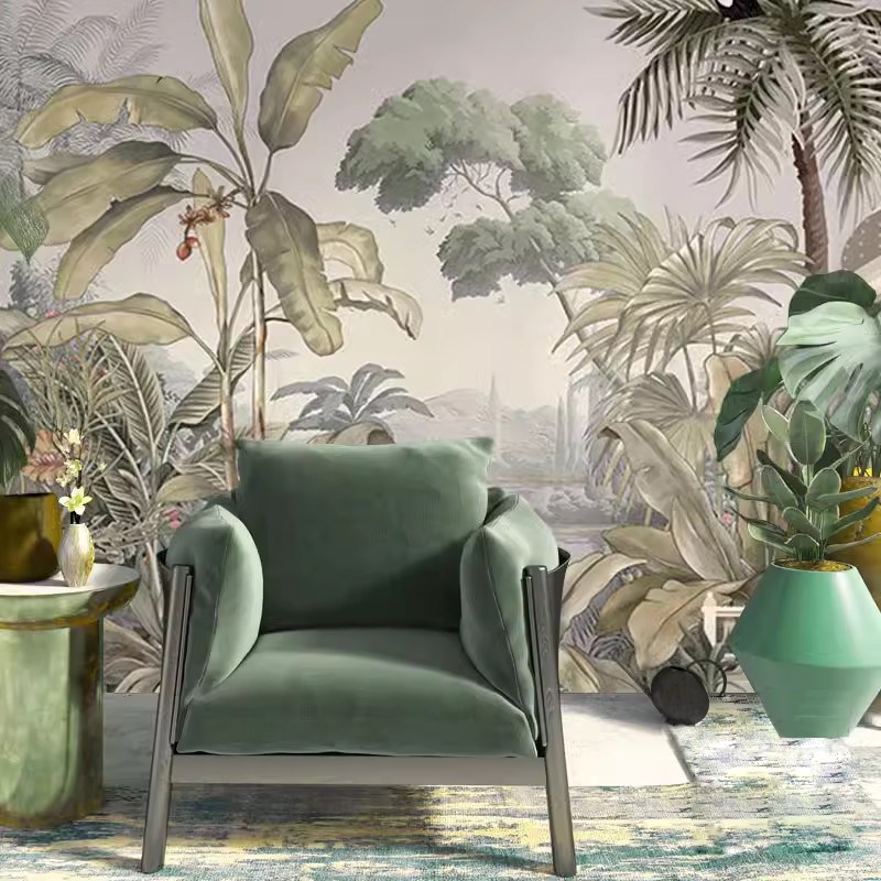 法式复古c墙布热带雨林壁布南洋风墙纸自然壁画东南亚风格植物壁