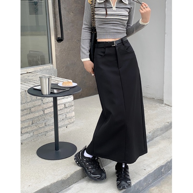 黑色西装半身a字裙女2025新款秋季开叉半裙小个子一步中长裙