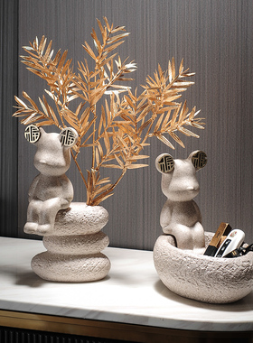 现代轻奢创意陶瓷福字熊玄关乔迁新居J礼物新中式装饰品摆件插花