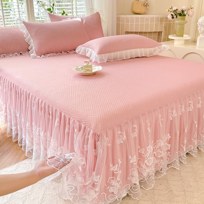 公主风花边床裙款冰豆豆凉席w夏季床单带裙边空调软席夏凉被四件