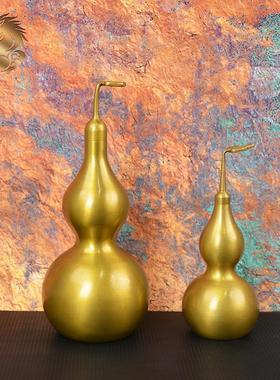 宏达全黄铜复古包浆树叶葫芦素面上开口铜葫芦玄关摆件