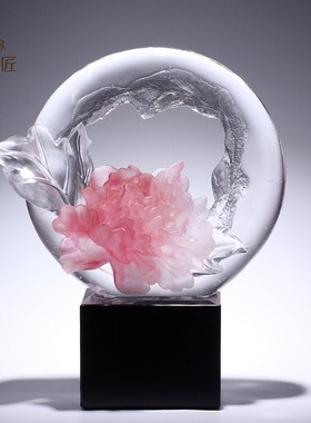 非遗文化琉璃艺术品牡丹花文创摆件轻G奢高档办公室装饰水晶工艺