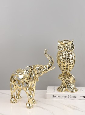 欧式轻奢金色镂空狮子骏马大象动物雕H塑摆件客厅玄关软装家居饰