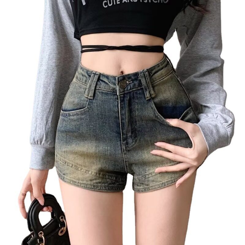 美式复古高腰牛仔超短裤女