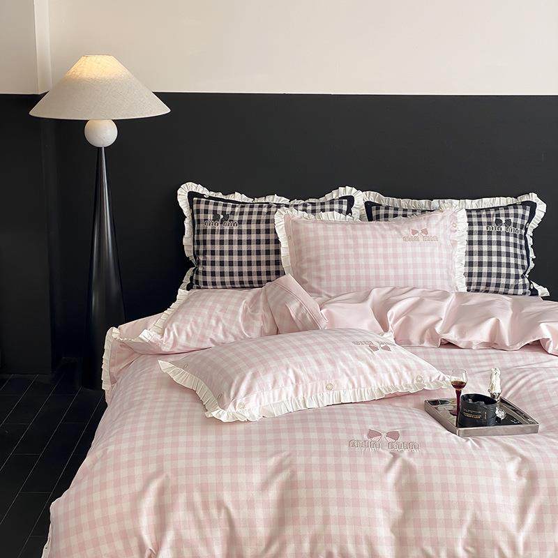 经典格子全棉长绒棉四件套少女系刺绣数码印花被套床上用品黑粉色,鲜花速递/花卉仿真/绿植园艺,割草机/草坪机,淘宝优惠券,粉丝福利购,淘宝优惠卷