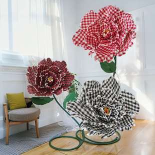 仿真格子布牡丹花立体布艺户外婚礼布景大型套装 拍摄道具格子摆件