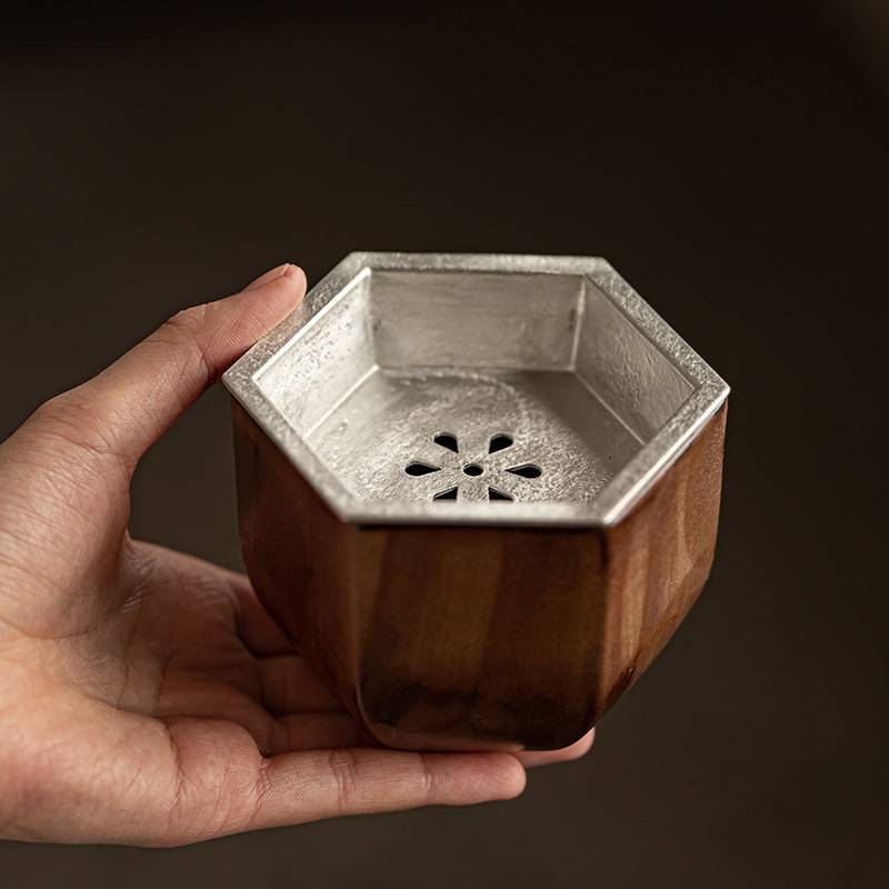 高档水盂水洗桌面茶渣缸陶瓷六角建水带锡盖茶洗茶具创意家用笔洗