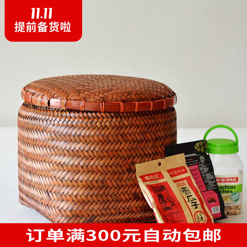 复古竹筐带盖手工竹编筐有盖收纳筐源头厂家竹篮筐做旧