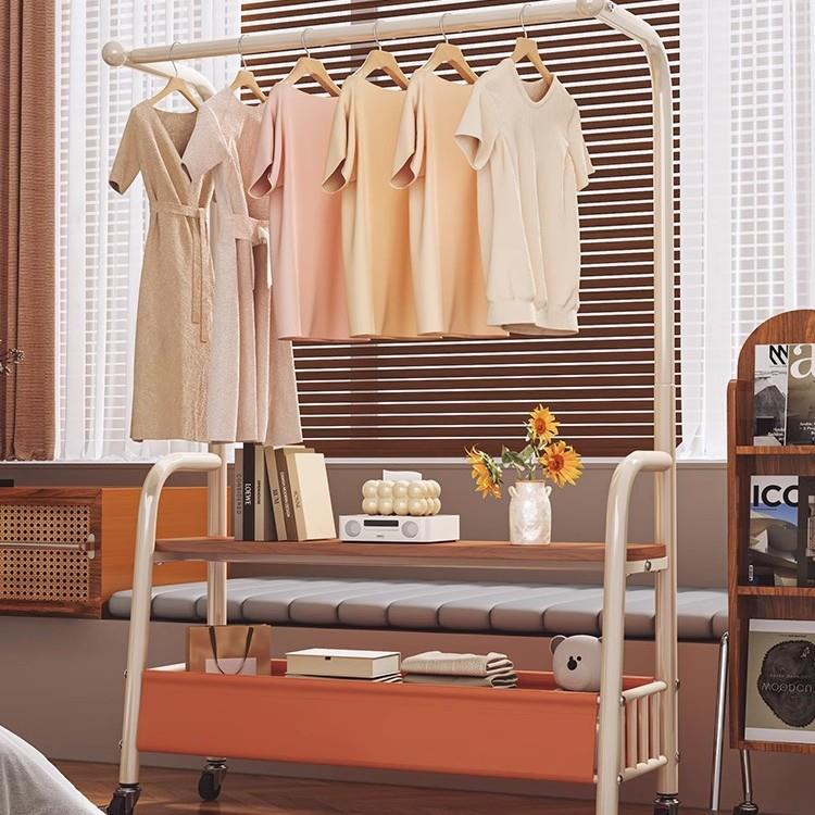 中古风卧室落地挂衣架家用复古客厅衣帽架可移动床边晚上放衣