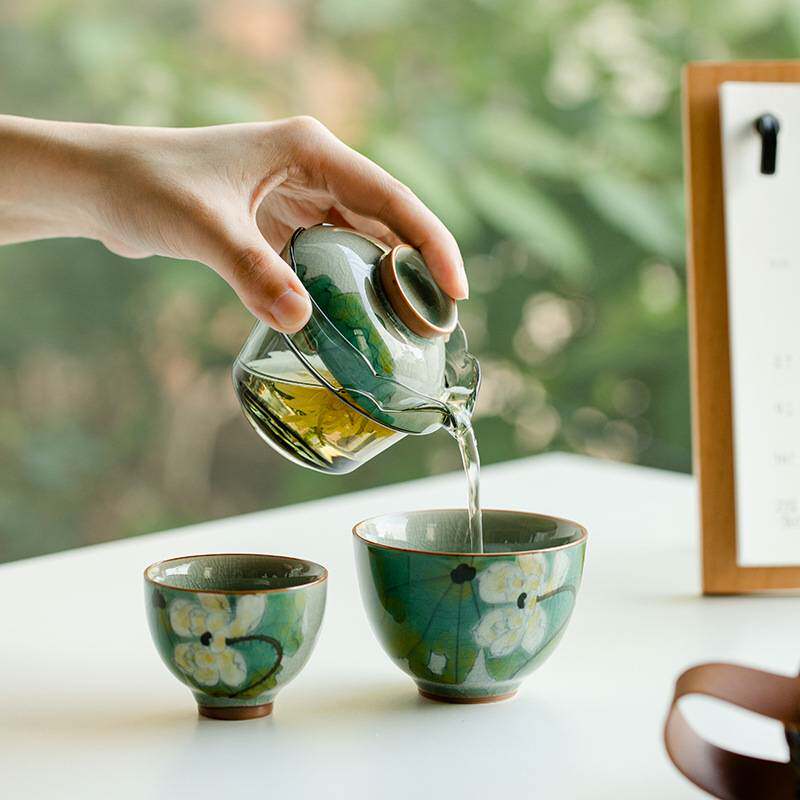 且来冰片釉手绘夏荷旅行茶具套装创意户外陶瓷便携式茶具玻璃快客