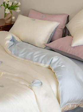 夏日小清新淡蓝色00S天丝四件套奥地利三件套刺绣凉爽冰丝裸睡