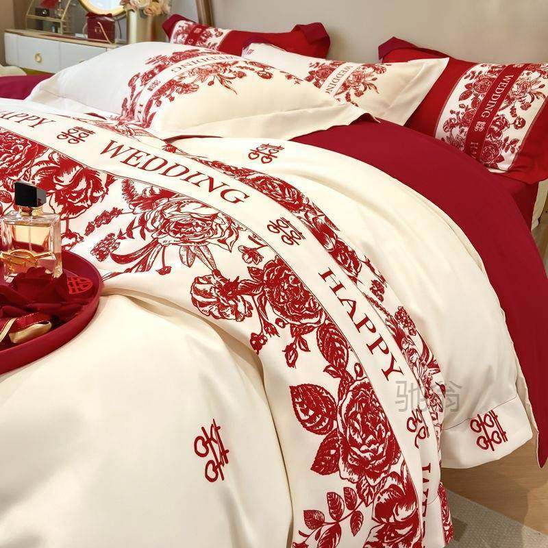 麓r公主风轻奢结婚四件套婚床新婚高档印花被套婚房装饰陪嫁床上