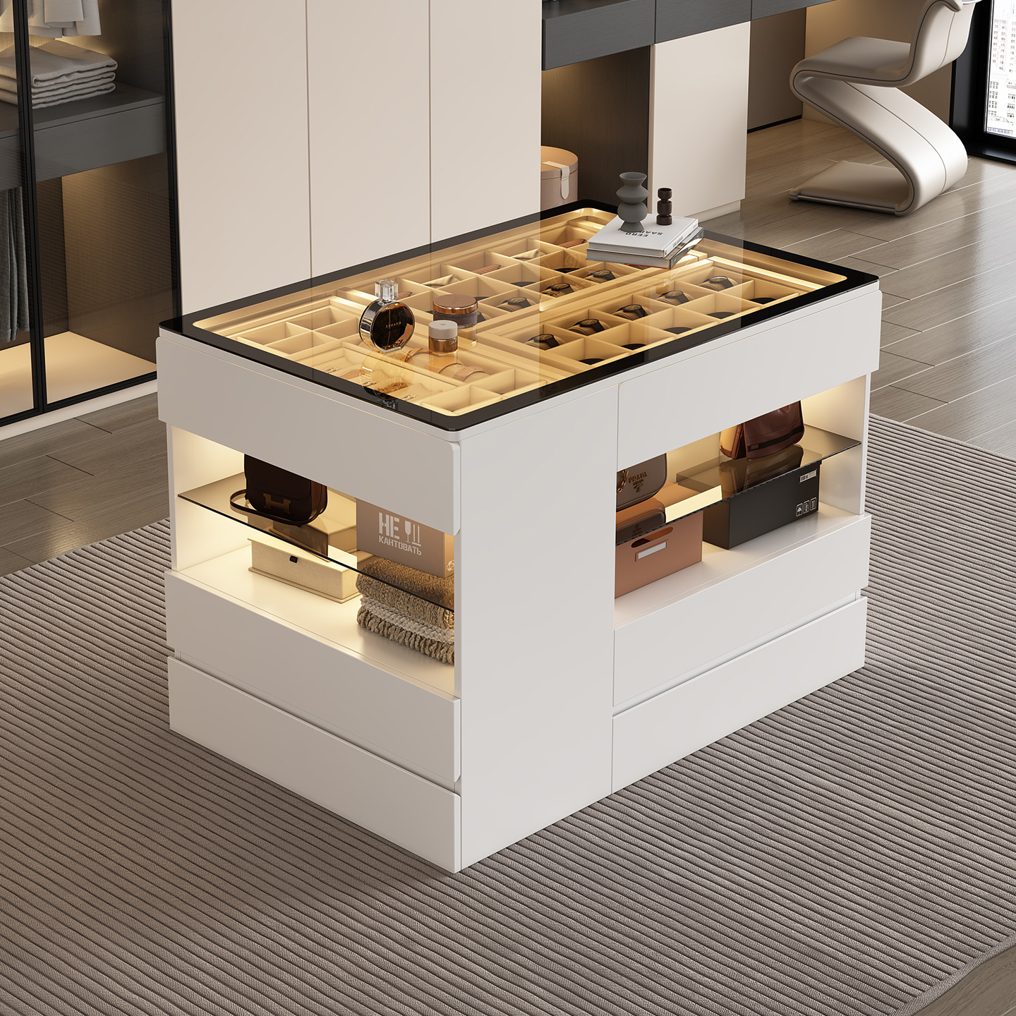 高定别墅大平层卧室轻奢衣帽间