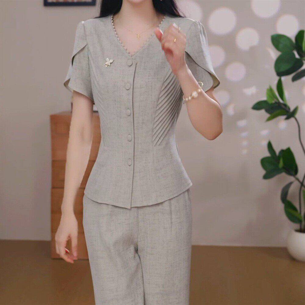 轻熟风高端纯色时尚修身套装女2026夏季新款百搭减龄阔腿裤两件套