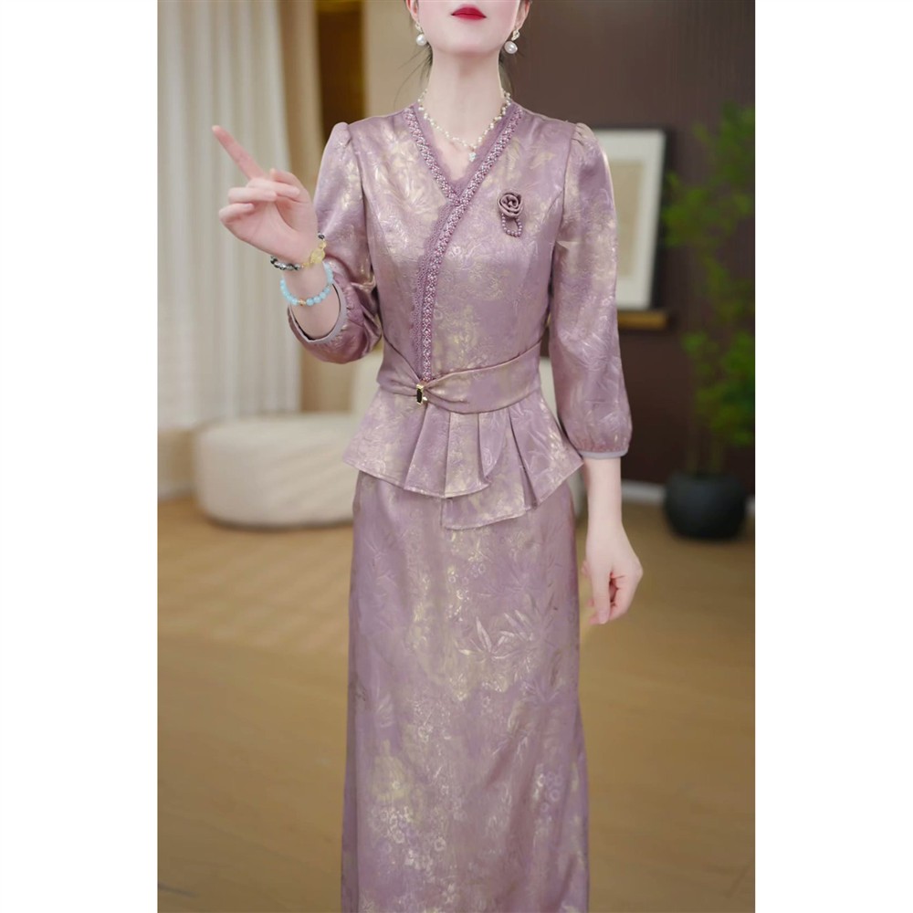 十三行薄款七分袖两件套连衣裙女2026春夏新款妈妈气质半身裙套装