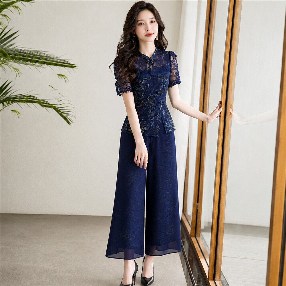洋气国风蓝色一整套2026时尚中式两件套穿女夏搭新套装妈妈蕾丝