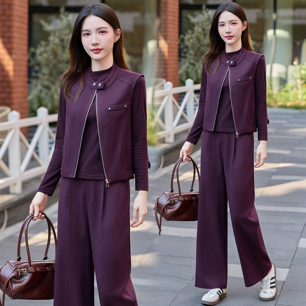 高档洋气马甲搭阔腿裤三件套女2026年秋季修身显瘦减龄遮肉套装
