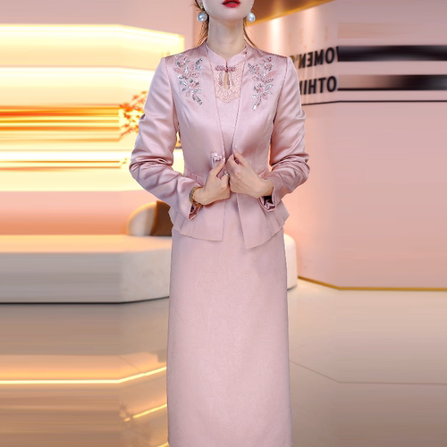 新中式粉色套装裙女秋季2026新款显瘦高级感国风外套连衣裙两件套