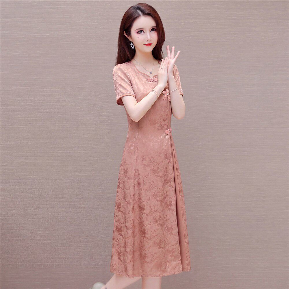 高档提花收腰短袖连衣裙女2026夏季新款流行妈妈洋气薄款显瘦裙子