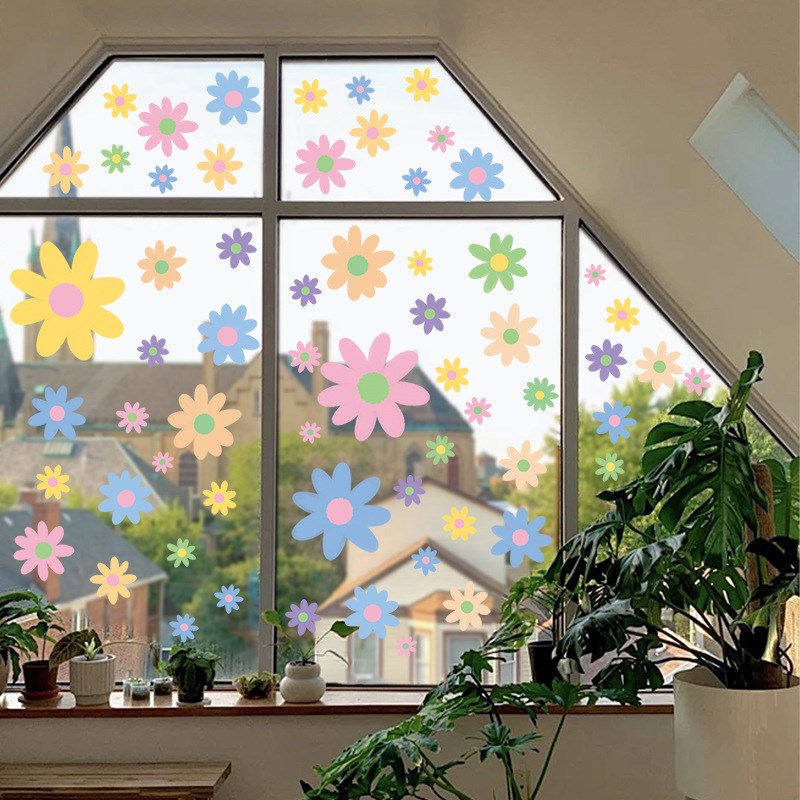 希音temu热销春季小花朵装饰氛围墙F贴静电贴纸窗花春天小清新贴