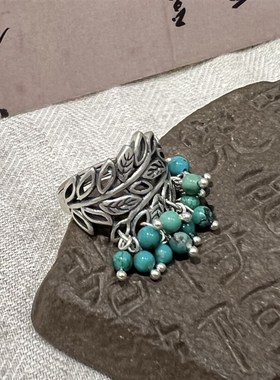 925银蓝松石花环戒指女新中式复古做旧叶子Q镂空开口可调节指环